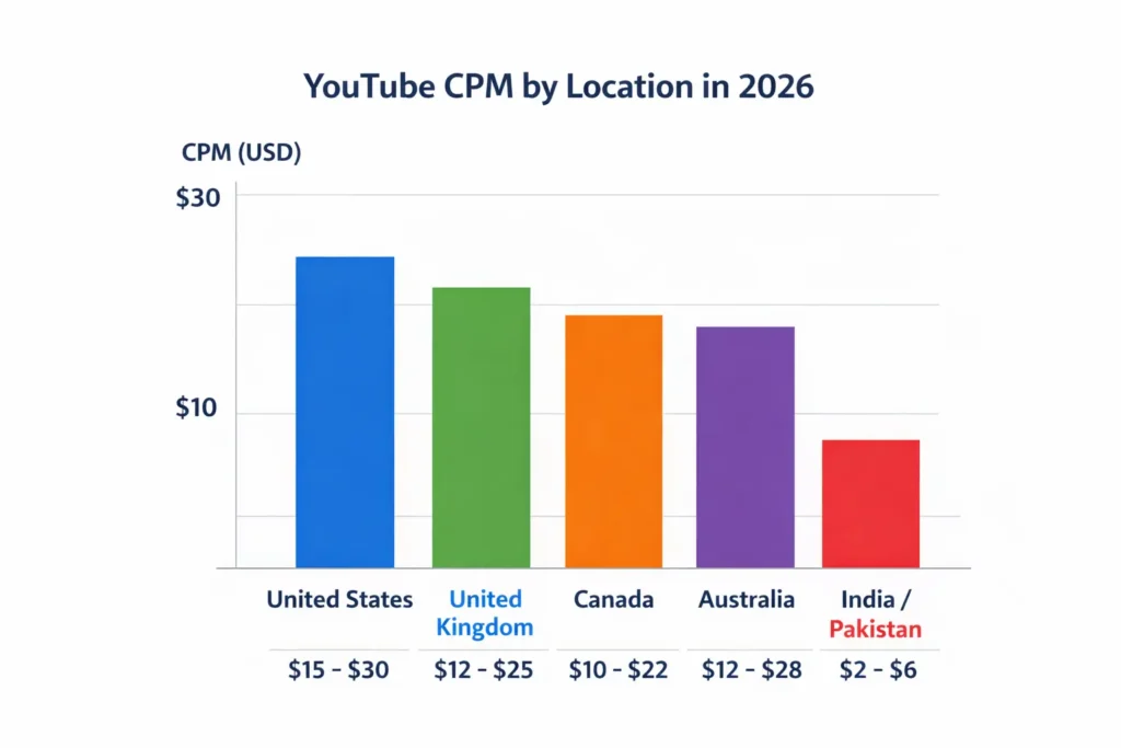YouTube CPM by location in 2026