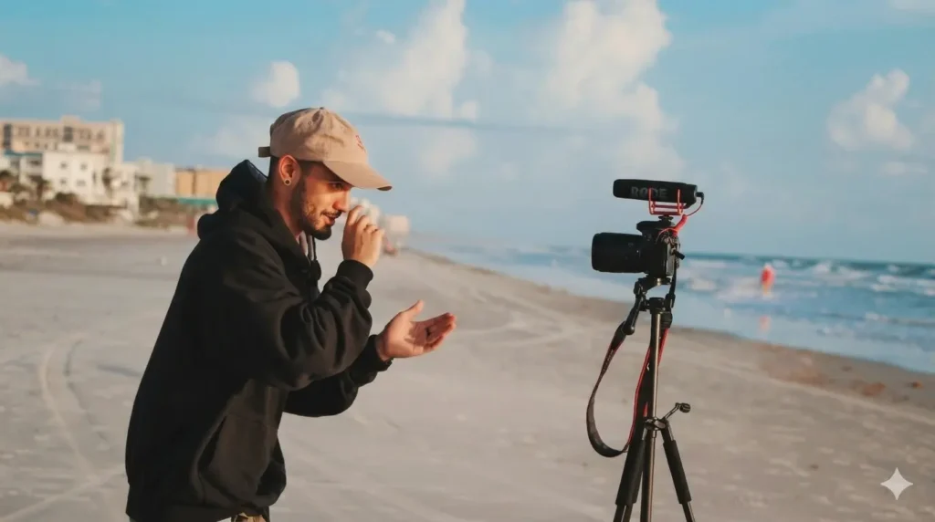 Content creator filming on beach