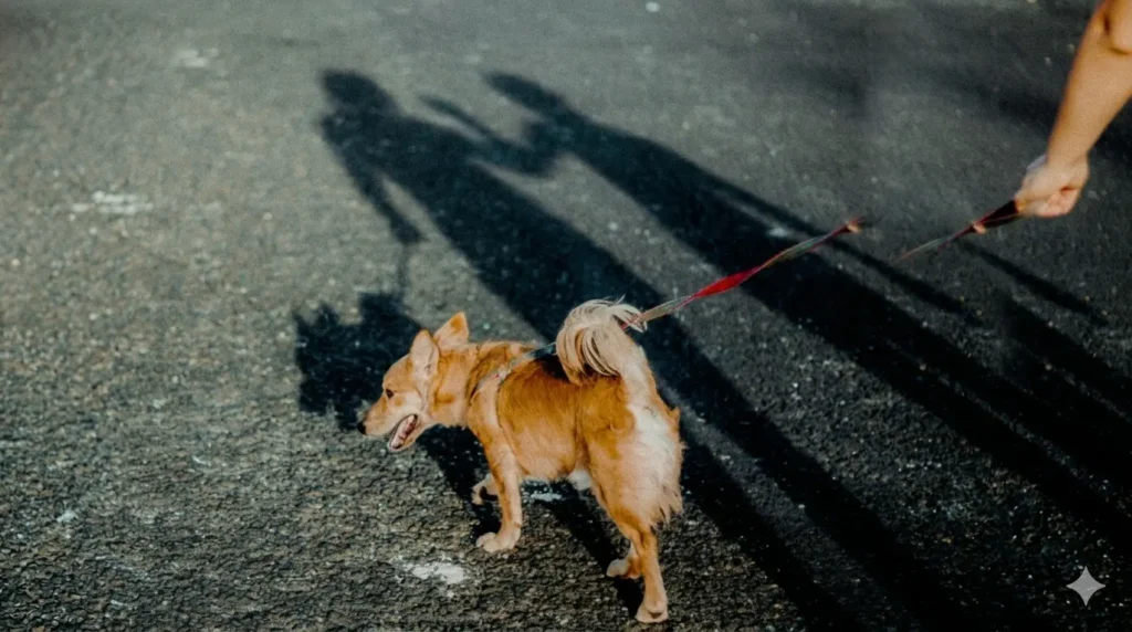 Dog walking on a leash