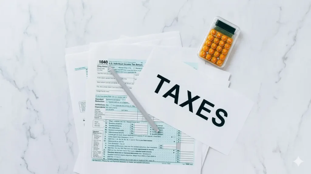 Filing taxes on marble surface