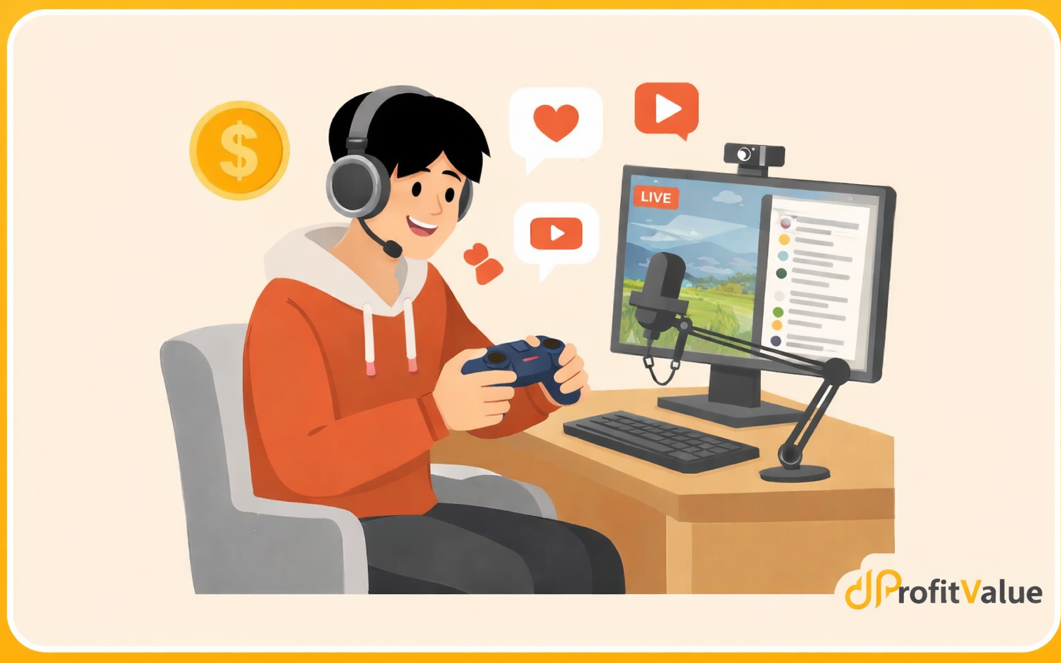 Live streaming gamer at desk