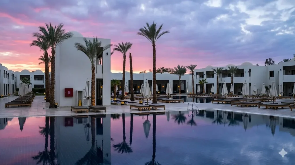Luxury resort poolside sunset view