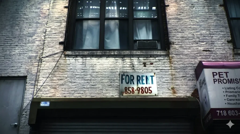 Modern apartment building with for rent sign