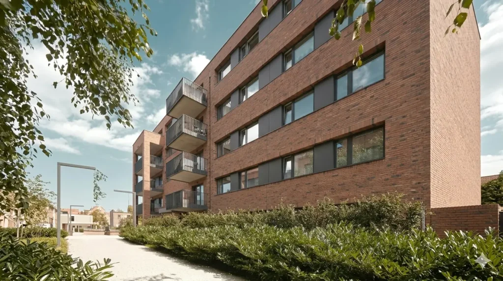 Modern brick apartment building with balconies view