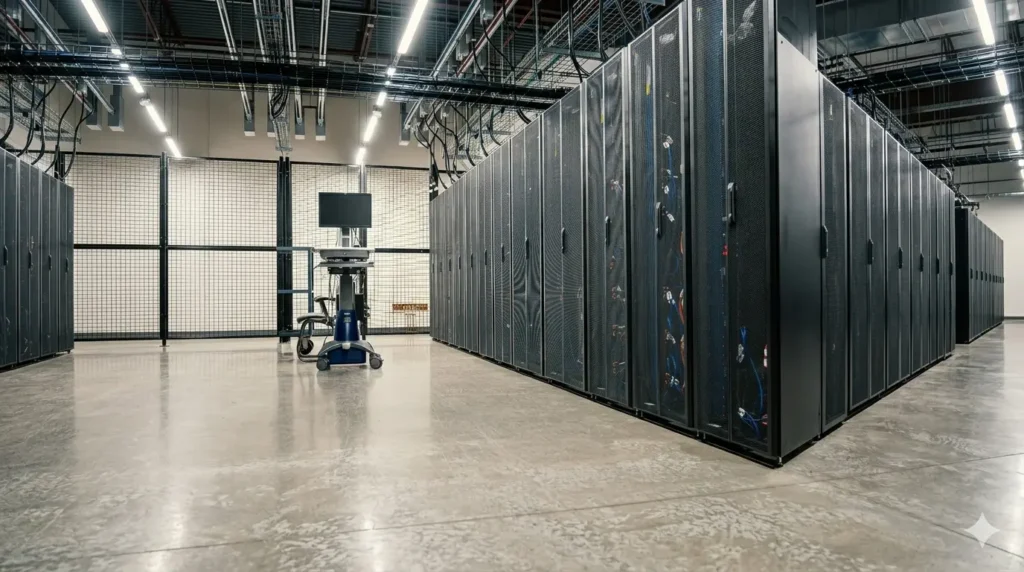 Modern data center server racks and crash cart