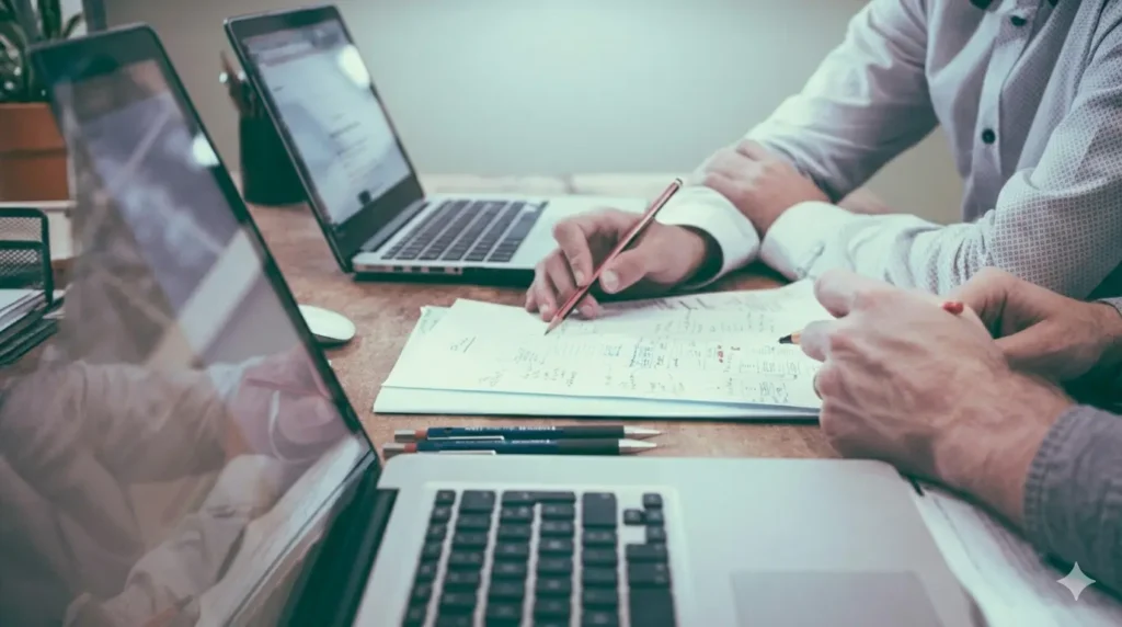 Office paperwork on a wooden desk with laptops