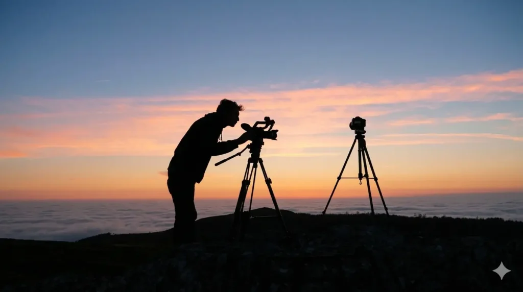 Photographer on a mountain with camera and tripod