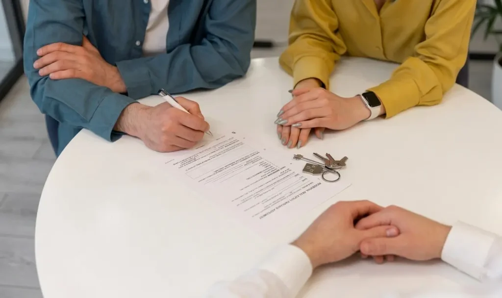 Male real estate agent sitting at a white table signing an agreement with people