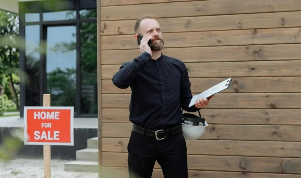 Man in black dress on phone with home for sale sign