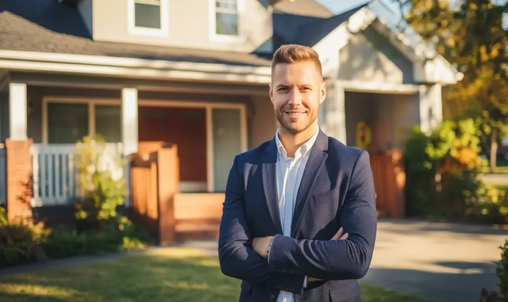 Man in suit standing in front of suburban house