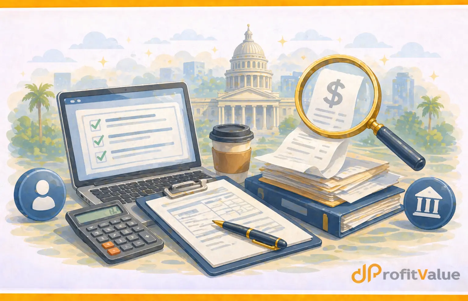 Office finance workspace with a government theme