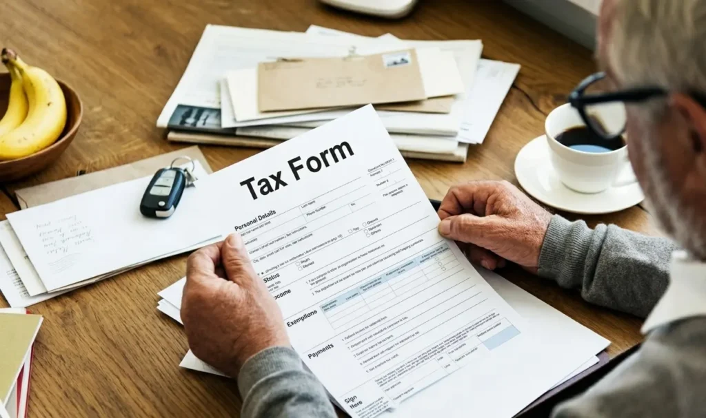Person holding tax form on a brown table
