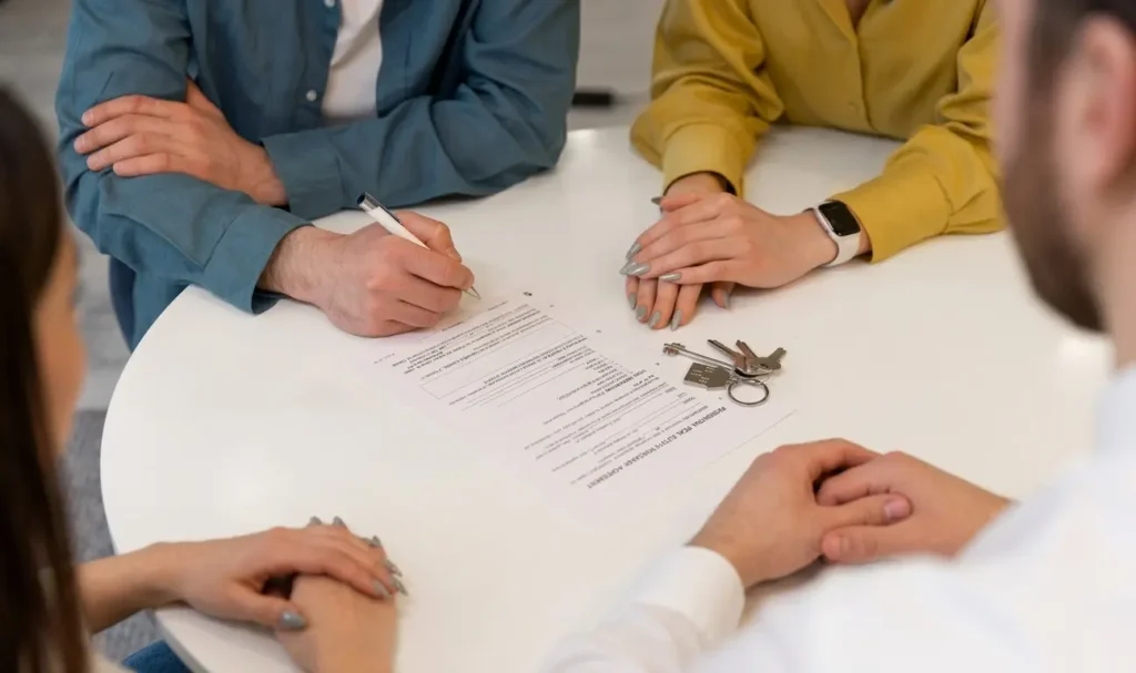 Person signing a real estate contract with other people