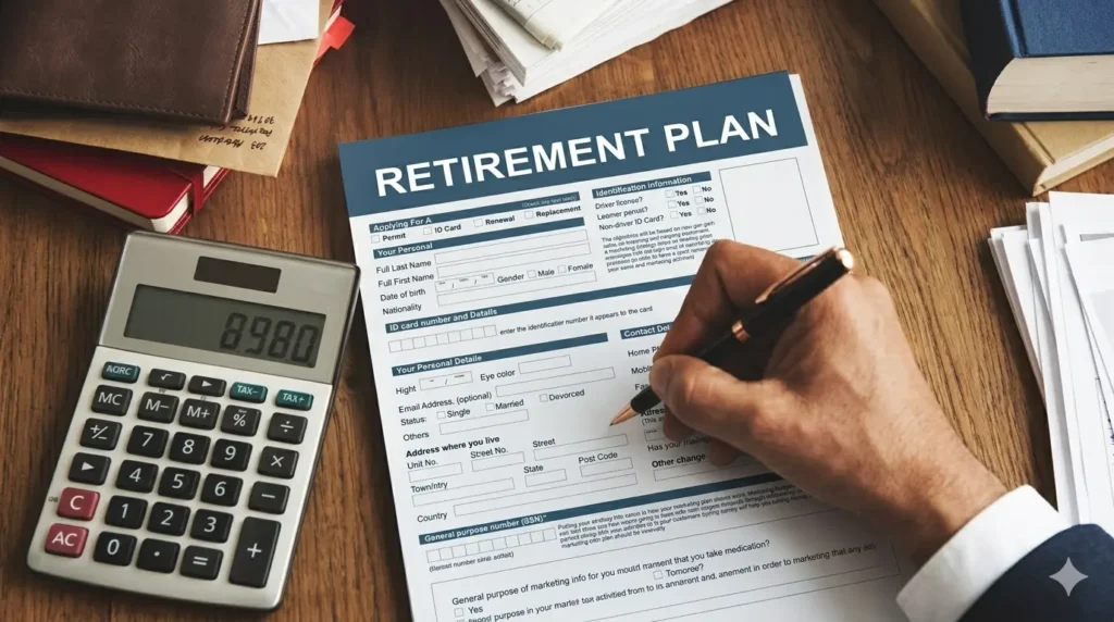 Retirement plan insurance form on wooden table with grey calculator and books