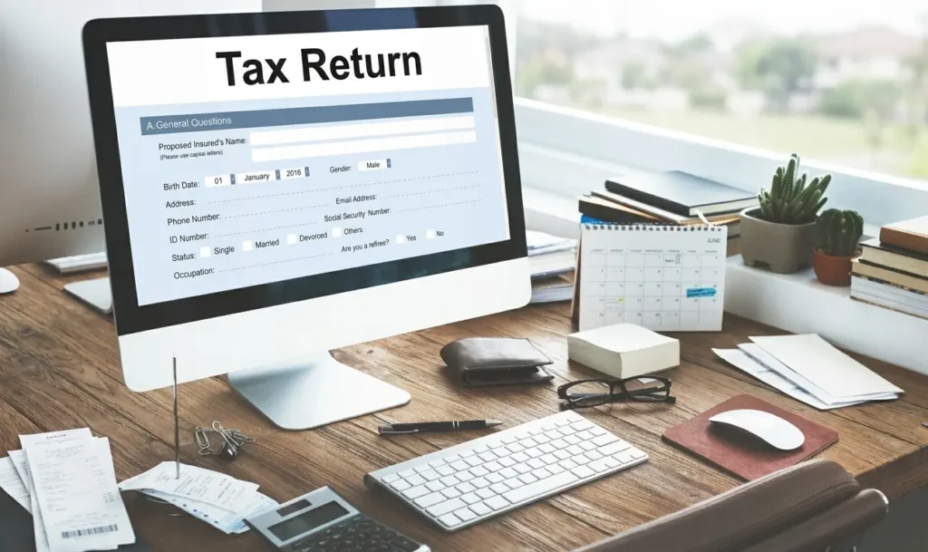 Tax return written on iMac screen on a brown table with Apple keyboard