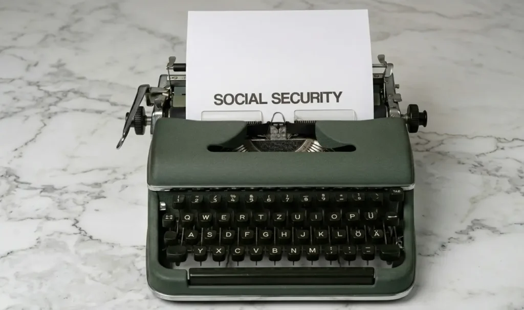 Typewriter printing a paper written social security on a white marble background
