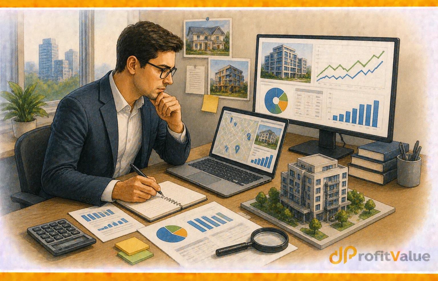City office with real estate analysis