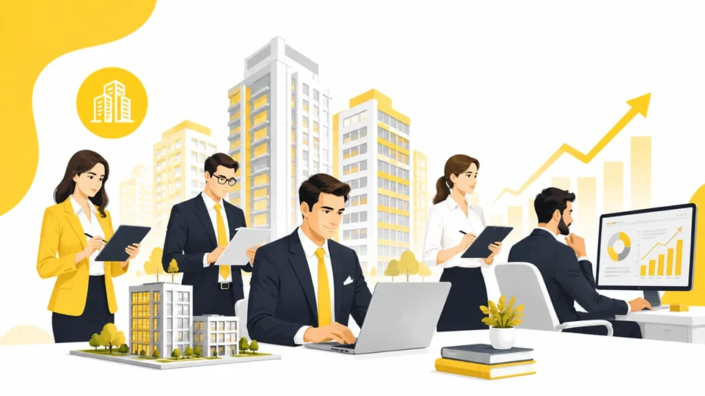 Corporate team collaborating on real estate plans