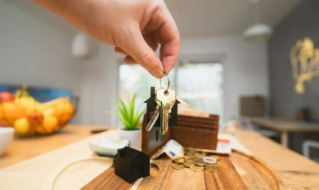 Hand Holding House Keys Over Table with Coins and Miniature House