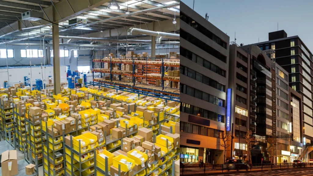 Warehouse with boxes and Mixed-use building in Japan