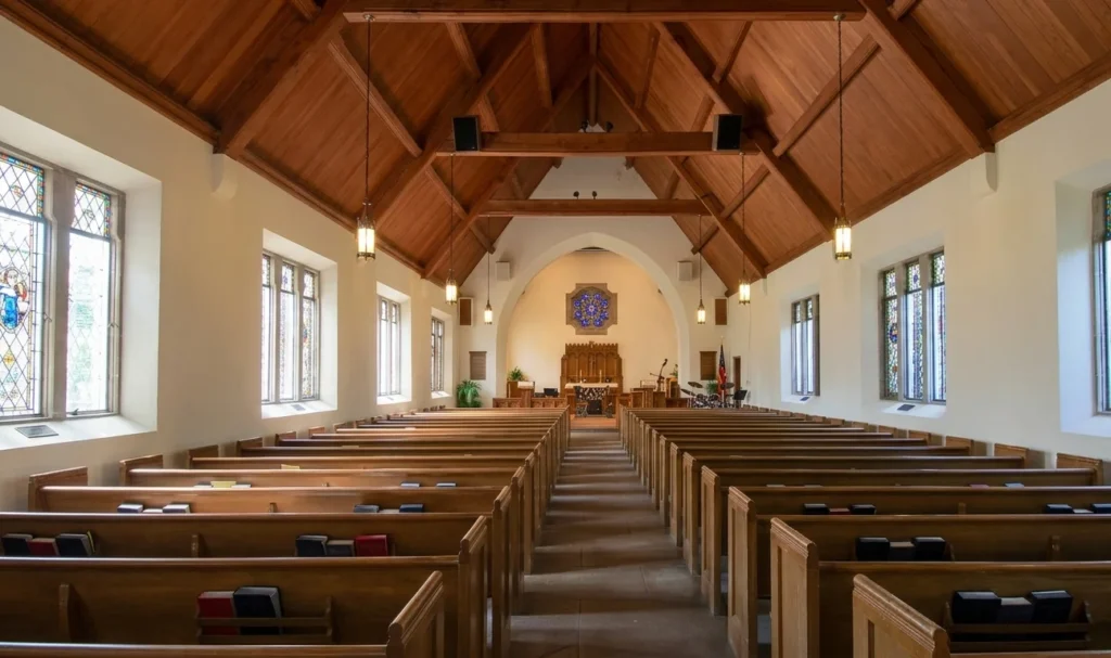 Symmetrical View of a Church Sanctuary with Wooden Pews and Beamed Ceiling